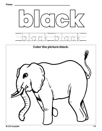 Free elephant color black coloring page and color worksheet, black worksheet for preschoolers to learn colors, printable PDF