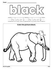 Free elephant color black coloring page and color worksheet, black worksheet for preschoolers to learn colors, printable PDF