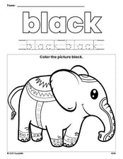 Free elephant color black coloring page and color worksheet, black worksheet for preschoolers to learn colors, printable PDF