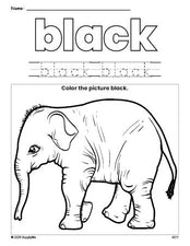 Free elephant color black coloring page and color worksheet, black worksheet for preschoolers to learn colors, printable PDF