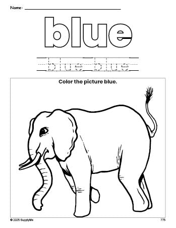 Free elephant color blue coloring page and color worksheet, blue worksheet for preschoolers to learn colors, printable PDF