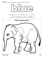 Free elephant color blue coloring page and color worksheet, blue worksheet for preschoolers to learn colors, printable PDF