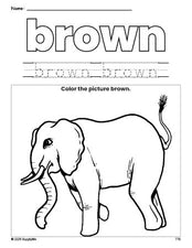 Free elephant color brown coloring page and color worksheet, brown worksheet for preschoolers to learn colors, printable PDF