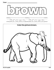 Free elephant color brown coloring page and color worksheet, brown worksheet for preschoolers to learn colors, printable PDF