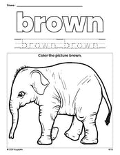 Free elephant color brown coloring page and color worksheet, brown worksheet for preschoolers to learn colors, printable PDF