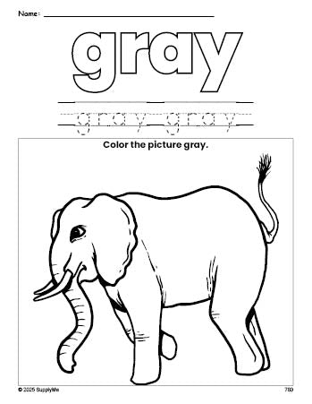 Free elephant color gray coloring page and color worksheet, gray worksheet for preschoolers to learn colors, printable PDF