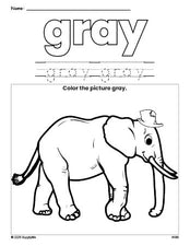 Free elephant color gray coloring page and color worksheet, gray worksheet for preschoolers to learn colors, printable PDF