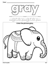 Free elephant color gray coloring page and color worksheet, gray worksheet for preschoolers to learn colors, printable PDF