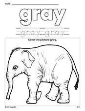 Free elephant color gray coloring page and color worksheet, gray worksheet for preschoolers to learn colors, printable PDF