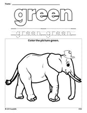 Free elephant color green coloring page and color worksheet, green worksheet for preschoolers to learn colors, printable PDF