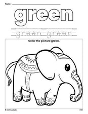 Free elephant color green coloring page and color worksheet, green worksheet for preschoolers to learn colors, printable PDF