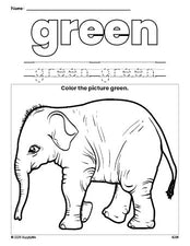 Free elephant color green coloring page and color worksheet, green worksheet for preschoolers to learn colors, printable PDF