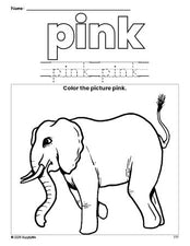 Free elephant color pink coloring page and color worksheet, pink worksheet for preschoolers to learn colors, printable PDF