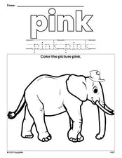 Free elephant color pink coloring page and color worksheet, pink worksheet for preschoolers to learn colors, printable PDF