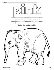 Free elephant color pink coloring page and color worksheet, pink worksheet for preschoolers to learn colors, printable PDF