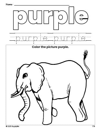 Free elephant color purple coloring page and color worksheet, purple worksheet for preschoolers to learn colors, printable PDF