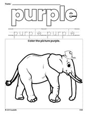 Free elephant color purple coloring page and color worksheet, purple worksheet for preschoolers to learn colors, printable PDF