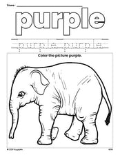 Free elephant color purple coloring page and color worksheet, purple worksheet for preschoolers to learn colors, printable PDF