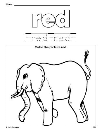 Free elephant color red coloring page and color worksheet, red worksheet for preschoolers to learn colors, printable PDF