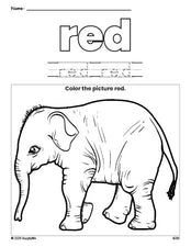 Free elephant color red coloring page and color worksheet, red worksheet for preschoolers to learn colors, printable PDF