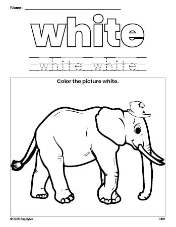 Free elephant color white coloring page and color worksheet, white worksheet for preschoolers to learn colors, printable PDF