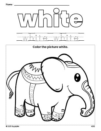 Free elephant color white coloring page and color worksheet, white worksheet for preschoolers to learn colors, printable PDF