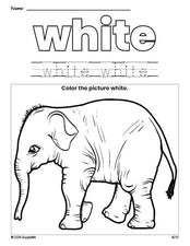 Free elephant color white coloring page and color worksheet, white worksheet for preschoolers to learn colors, printable PDF