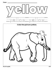 Free elephant color yellow coloring page and color worksheet, yellow worksheet for preschoolers to learn colors, printable PDF