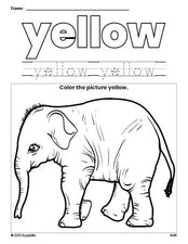 Free elephant color yellow coloring page and color worksheet, yellow worksheet for preschoolers to learn colors, printable PDF