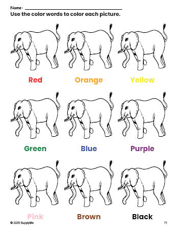 Free elephant coloring page and color worksheet for preschoolers to learn colors, printable PDF