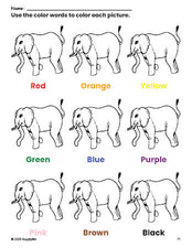 Free elephant coloring page and color worksheet for preschoolers to learn colors, printable PDF