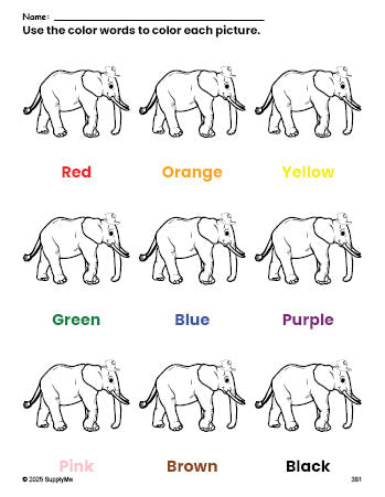 Free elephant coloring page and color worksheet for preschoolers to learn colors, printable PDF