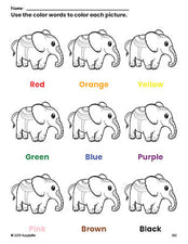 Free elephant coloring page and color worksheet for preschoolers to learn colors, printable PDF