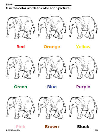 Free elephant coloring page and color worksheet for preschoolers to learn colors, printable PDF