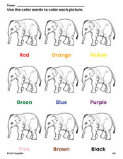 Free elephant coloring page and color worksheet for preschoolers to learn colors, printable PDF