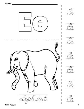 Free printable elephant coloring page and cursive letter tracing worksheet, letter e worksheet for preschool, pre-k, and kindergarten, PDF