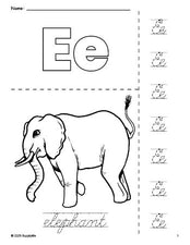 Free printable elephant coloring page and cursive letter tracing worksheet, letter e worksheet for preschool, pre-k, and kindergarten, PDF