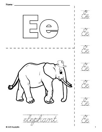 Free printable elephant coloring page and cursive letter tracing worksheet, letter e worksheet for preschool, pre-k, and kindergarten, PDF