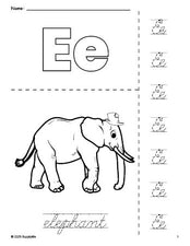 Free printable elephant coloring page and cursive letter tracing worksheet, letter e worksheet for preschool, pre-k, and kindergarten, PDF