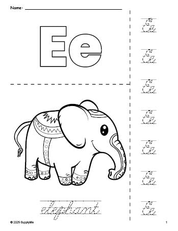 Free printable elephant coloring page and cursive letter tracing worksheet, letter e worksheet for preschool, pre-k, and kindergarten, PDF