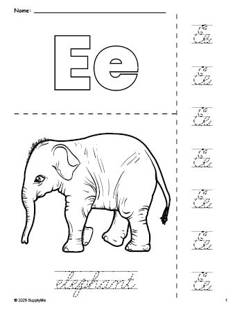 Free printable elephant coloring page and cursive letter tracing worksheet, letter e worksheet for preschool, pre-k, and kindergarten, PDF