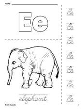 Free printable elephant coloring page and cursive letter tracing worksheet, letter e worksheet for preschool, pre-k, and kindergarten, PDF