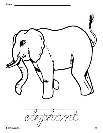 Free printable elephant coloring page and cursive word tracing worksheet, perfect for preschool, pre-k, and kindergarten, PDF