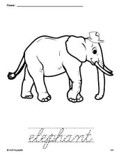 Free printable elephant coloring page and cursive word tracing worksheet, perfect for preschool, pre-k, and kindergarten, PDF