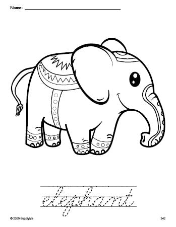 Free printable elephant coloring page and cursive word tracing worksheet, perfect for preschool, pre-k, and kindergarten, PDF