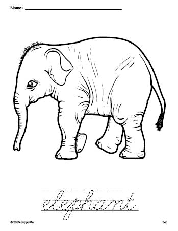 Free printable elephant coloring page and cursive word tracing worksheet, perfect for preschool, pre-k, and kindergarten, PDF