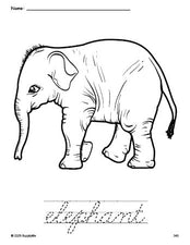 Free printable elephant coloring page and cursive word tracing worksheet, perfect for preschool, pre-k, and kindergarten, PDF