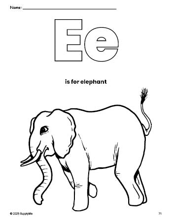 Free printable elephant coloring page, letter e coloring page for preschool, pre-k, and kindergarten, PDF