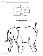 Free printable elephant coloring page, letter e coloring page for preschool, pre-k, and kindergarten, PDF