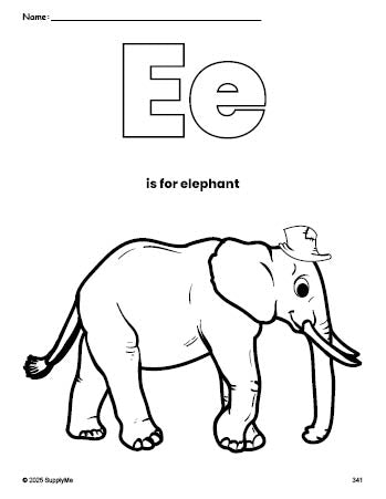 Free printable elephant coloring page, letter e coloring page for preschool, pre-k, and kindergarten, PDF